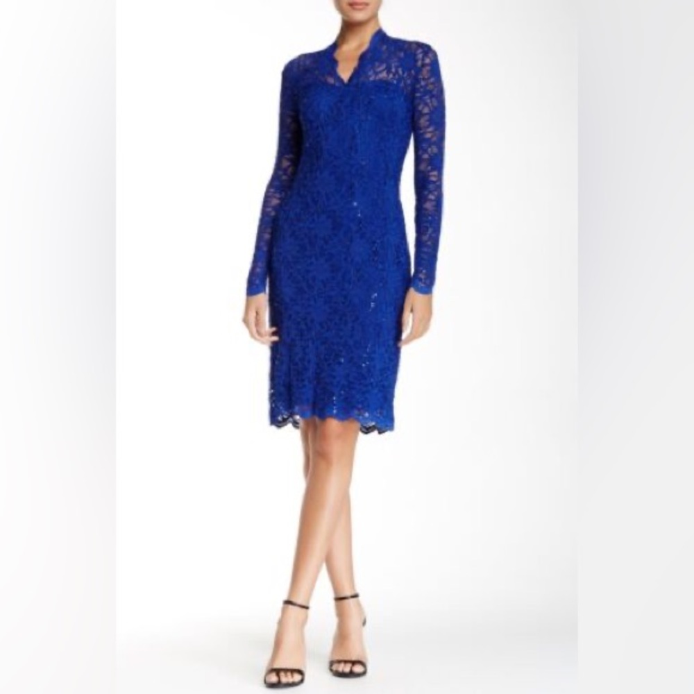 Marina Long Sleeve Sequin Lace Dress Size 10 Royal Blue